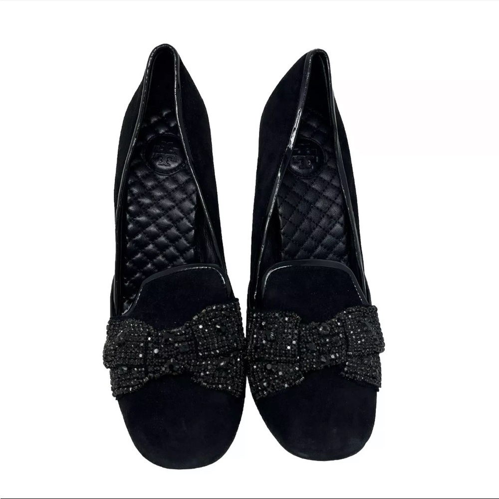 Tory Burch Carissa Embellished Bow Suede Leather Block Heels Size 8.5